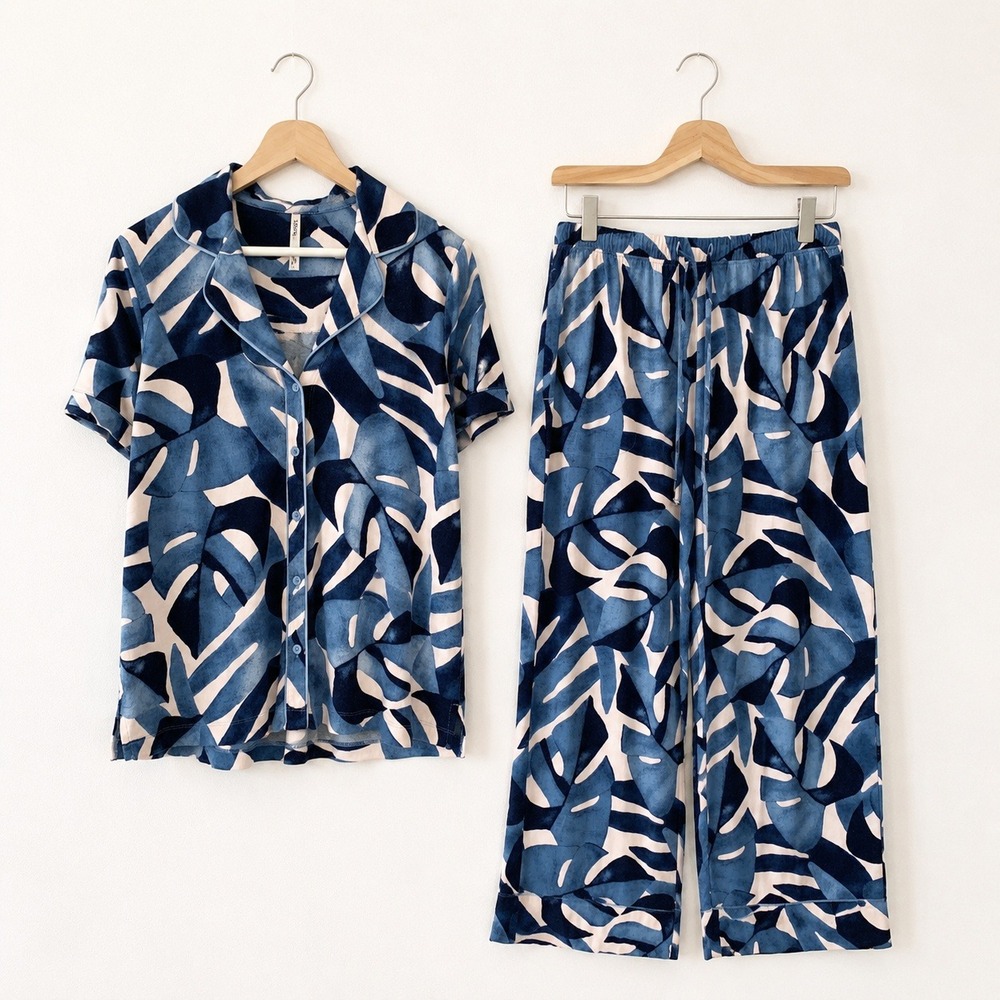 Soma Cool Nights Piped Short Sleeve Notch Collar Pajama Set Tropical Blue Size M